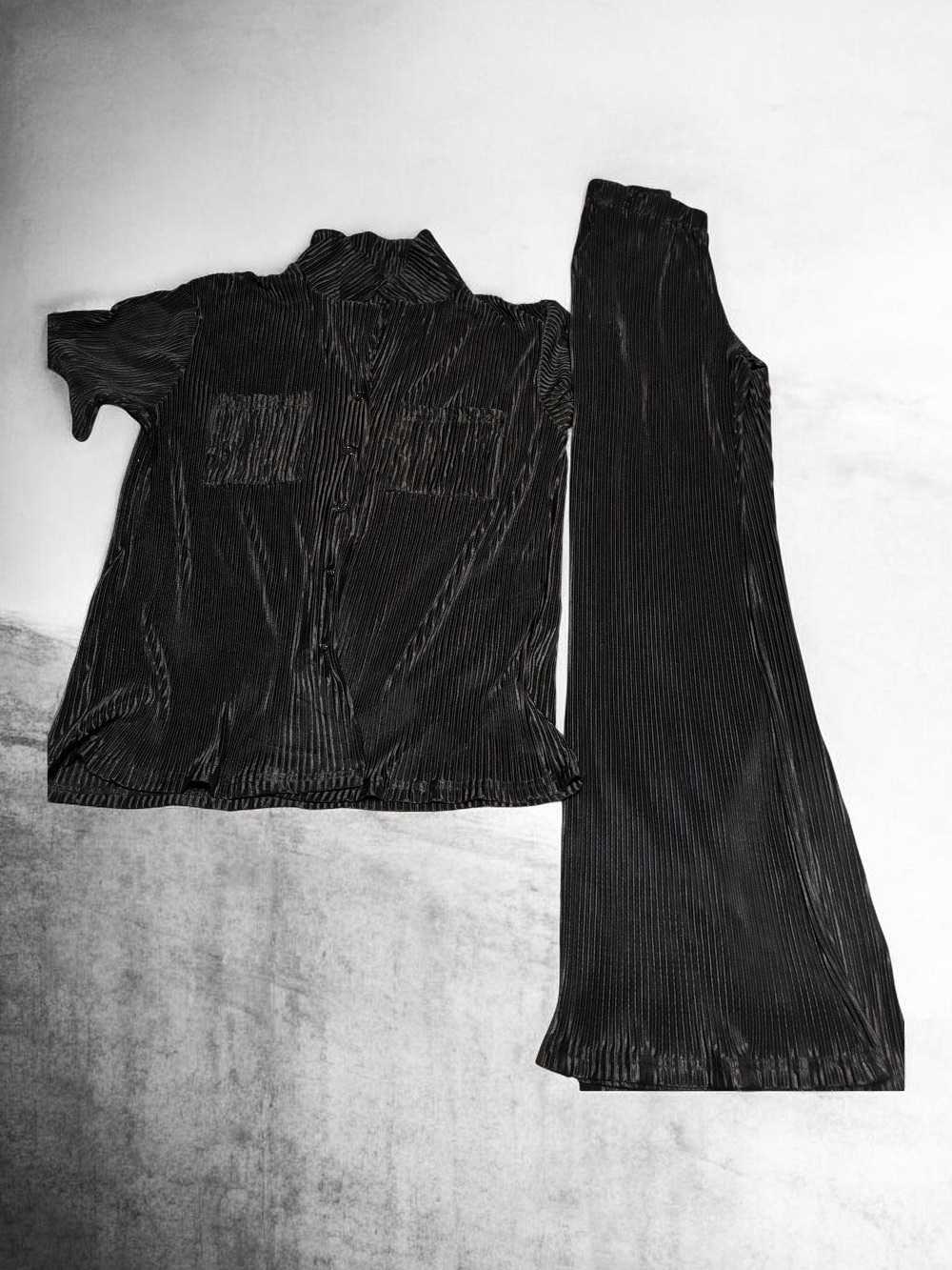 Womens Black Ribbed Satin Pajama Set